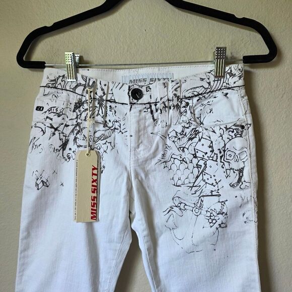 NWT Miss Sixty White And Black Tattoo Print Skinny Jeans With Zippers Size 25 - Picture 2 of 13
